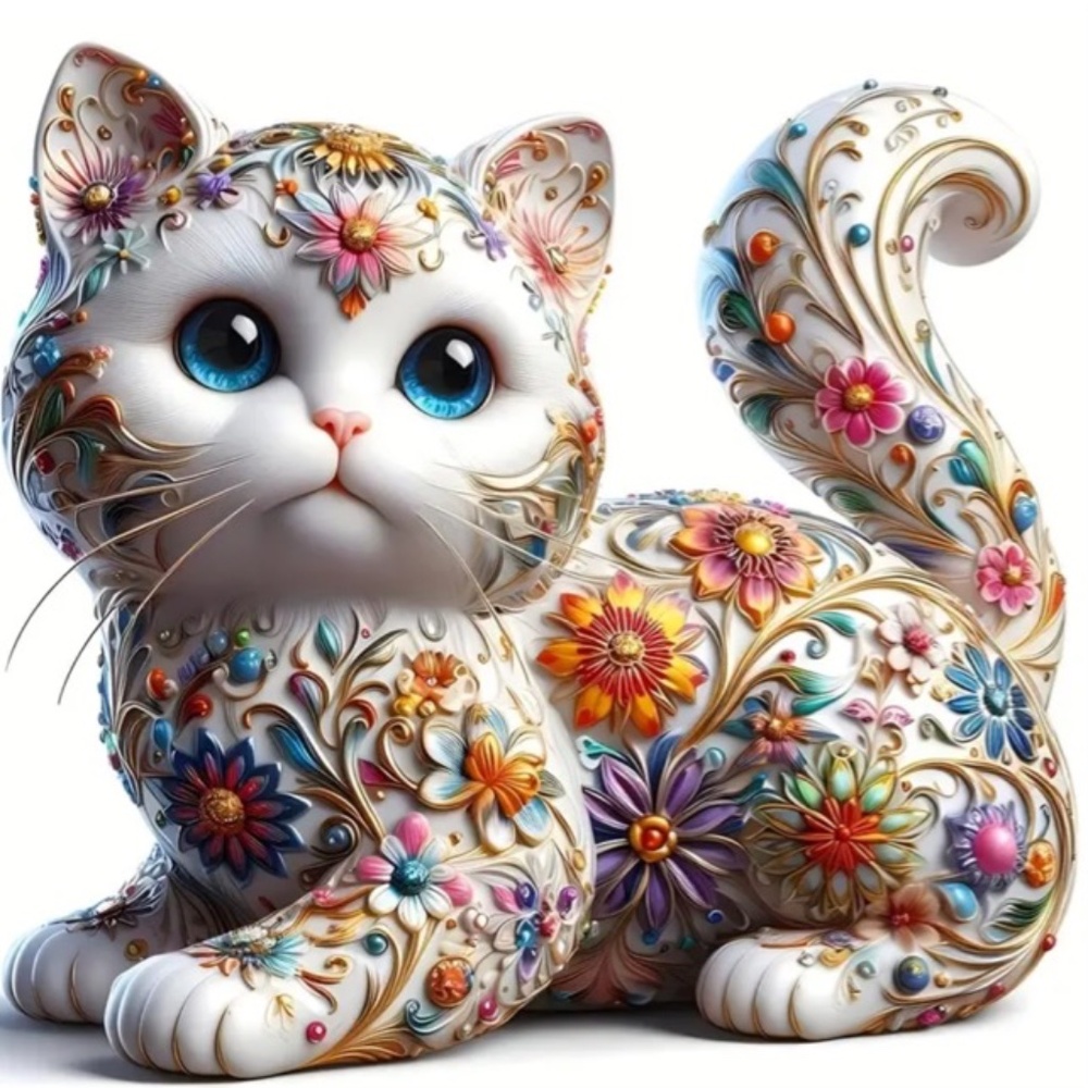 NWT!  DIY Diamond Craft Kit of a Gorgeous Floral White Kitten with Flour…